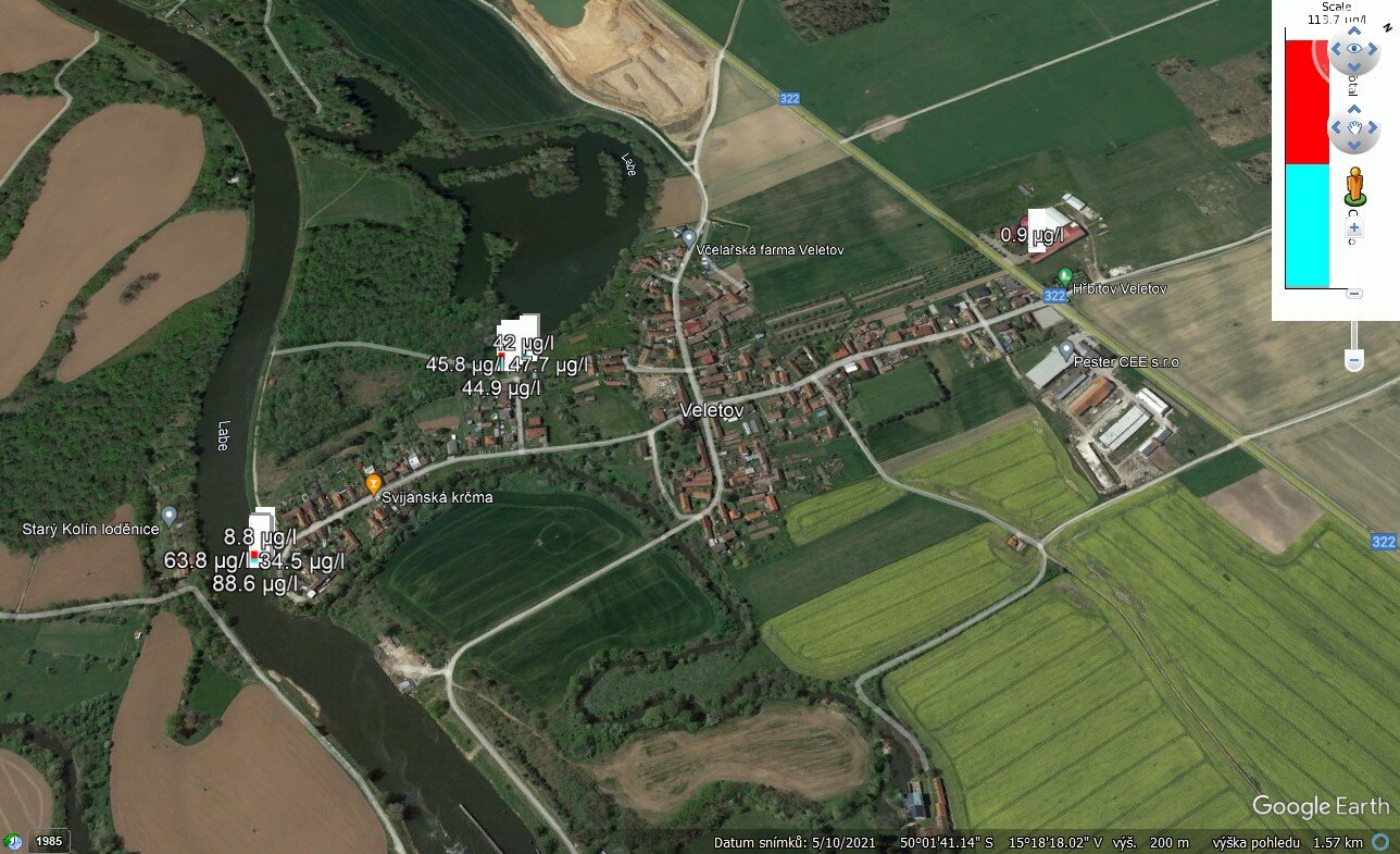 Naměřená data z bbe AlgaeTorch zobrazená na Google Earth.